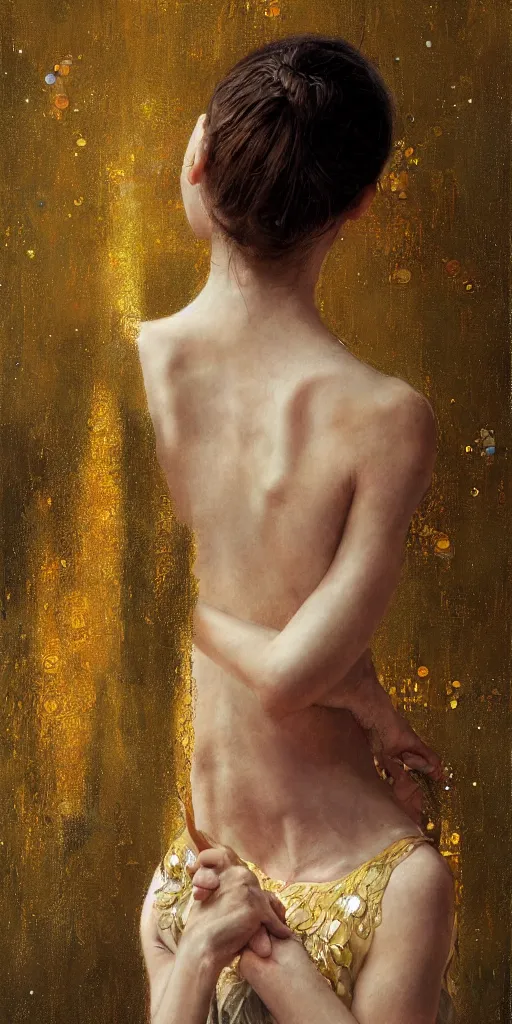 Image similar to an intricate portrait painting of an artistic pose young beautiful ballerina, klimt golden motives and textures, hyper - detailed, octane render, vivid colors, artstation, by jeremy mann, by gustav klimt