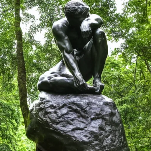 Image similar to The thinker sculpture by auguste rodin with mushrooms at the base , placed in a lush forest