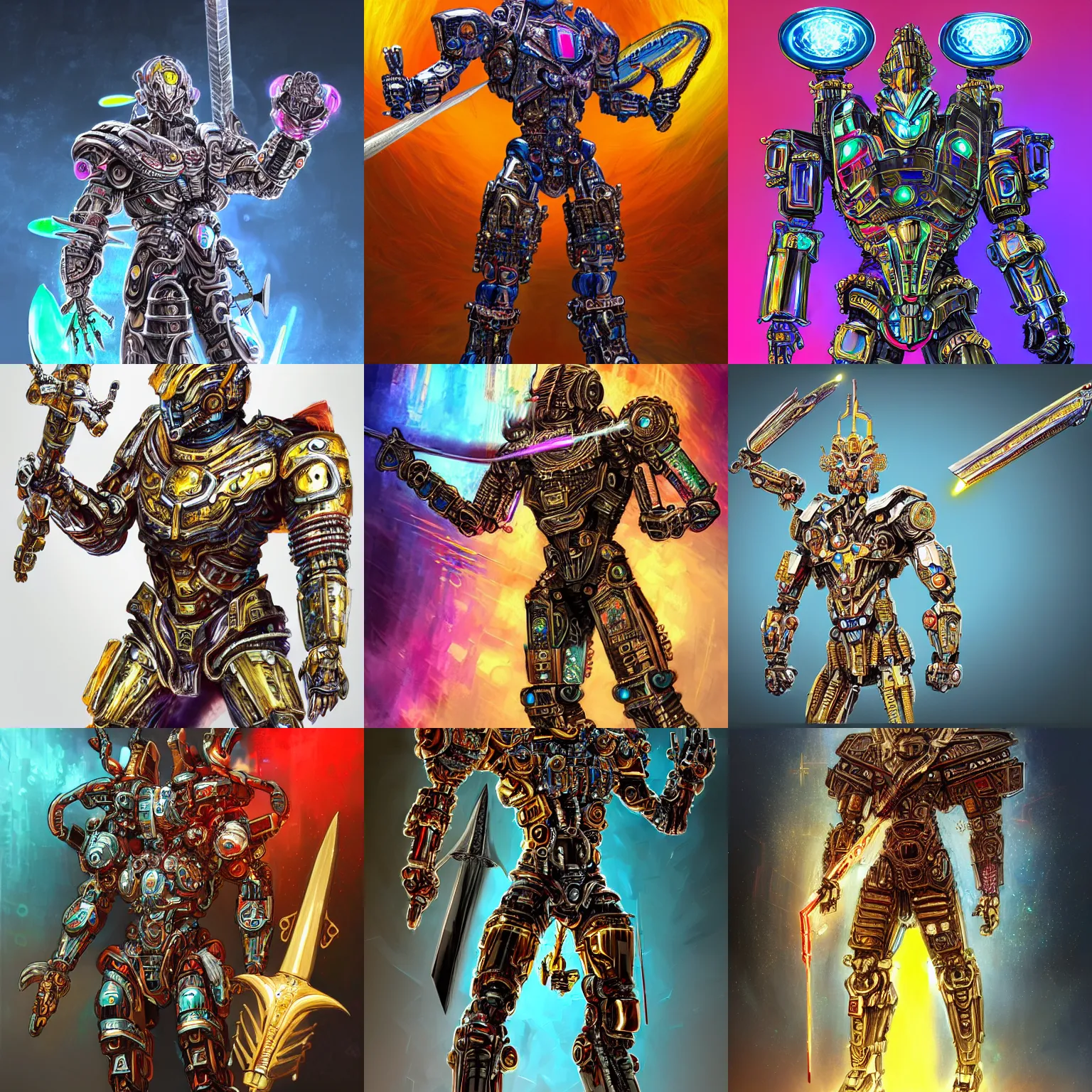 Prompt: A warrior god wearing a partially cybernetic body brandishing a powerful sword, concept art, futurism, scifi, intricate mecha armor encrusted in iridescent microchips and ornate precious colorful crystals, highly detailed cybernetic body, iridescent, vivid colors, digital painting, gold sparks, artstation, concept art, smooth, sharp focus, illustration, award winning on artstation