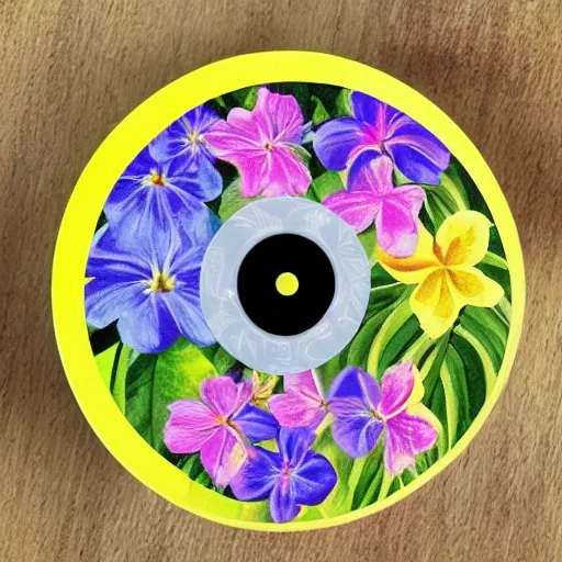 Image similar to a blank cd, reflecting tropical flowers