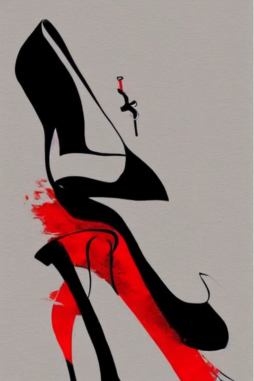 Image similar to black high heels with red bottoms, illustration, high fashion, wall art, elegant, japanese art style,