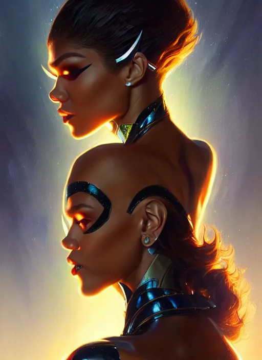 Image similar to zendaya as skrull queen, intricate, elegant, glowing lights, highly detailed, digital painting, artstation, glamor pose, concept art, smooth, sharp focus, illustration, art by artgerm and greg rutkowski, artey freytag