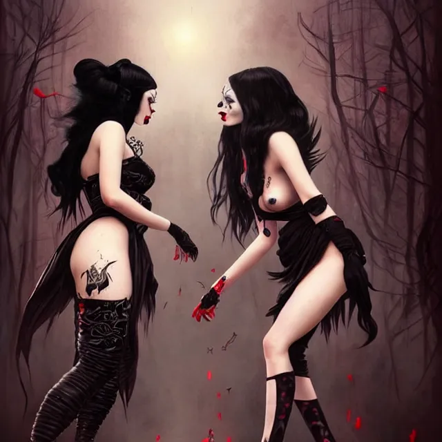 Image similar to two beautiful goth girls fighting slavery cosplay with black hair in fully tattooed body and clothes fully on, big red lips, black eye makeup, art by gennady ulybin and wlop and stanley lau and artgem and magali villeneuve and karol bak, trending on artstation