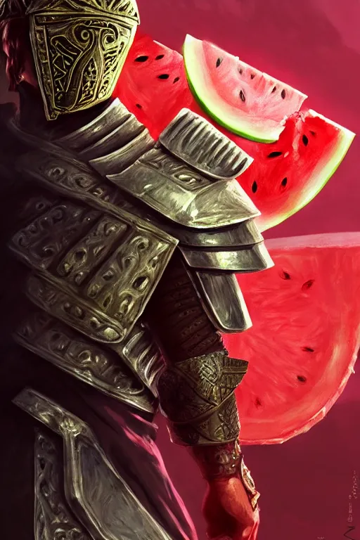 Image similar to a watermelon armor gerard butler as a greek king, greek, intricate, headshot, key visual, conceptart, ambient lighting, highly detailed, digital painting, artstation, concept art, sharp focus, by makoto shinkai and akihiko yoshida and greg manchess