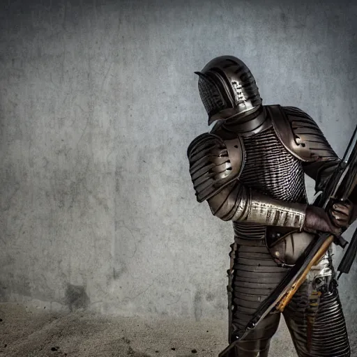 Prompt: medieval knight, in armor, shooting an ak - 4 7. 4 k, hdr, 5 0 mm lens, f 1. 8.