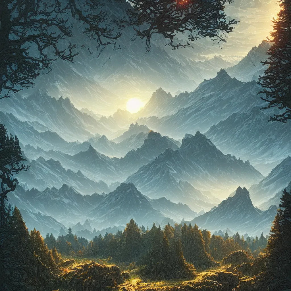 Image similar to a beautiful landscape with trees and mountains, by dan mumford, artstation, behance, highly detailed, concept art, dramatic lighting