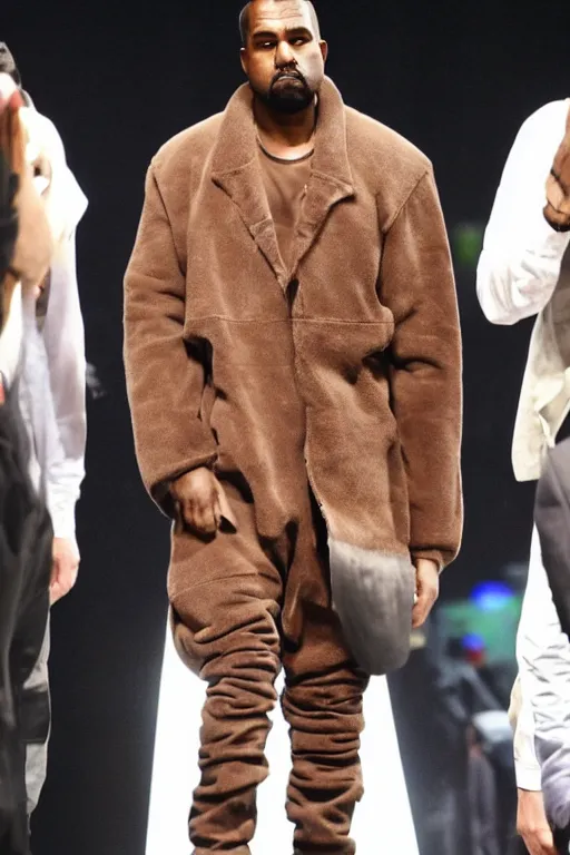 Image similar to kanye west wearing a suit made of steak, runway photo