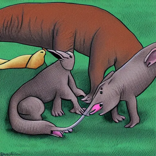 Image similar to the aardvark plays with the anaconda on a friday while taking out the trash, digital art