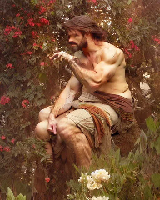 Image similar to god of the forest, 3 0 years old, rugged, male, gorgeous, detailed face, amazing, thighs, flowers, muscular, intricate, highly detailed, digital painting, artstation, concept art, sharp focus, illustration, art by gaston bussiere greg rutkowski alphonse mucha