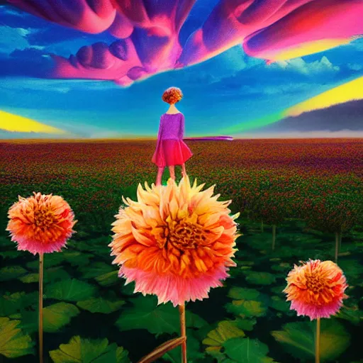 Image similar to giant dahlia flower head, full body girl standing in a flower field, surreal photography, sunrise, dramatic light, impressionist painting, colorful clouds, digital painting, artstation, simon stalenhag