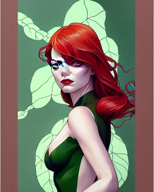 Image similar to joshua middleton, phil noto, artgerm, emma stone poison ivy dc comics, vines, symmetrical eyes, city rooftop