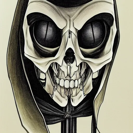 Image similar to A anime still of a grim reaper by Takeshi Obata, skeleton face symmetrical face,symmetrical body, worn clothes, military boots, pencil art on paper