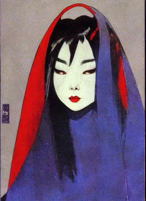 Image similar to portrait of mighty korean vampiress, jeweled veil, blue and red, strong line, saturated color, beautiful! coherent! by frank frazetta, high contrast, minimalism