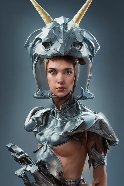 Image similar to portrait of the window unicorn slayer wearing scorched helmet by artgerm and Craig Mullins, James Jean, Andrey Ryabovichev, Mark Simonetti and Peter Morbacher 16k