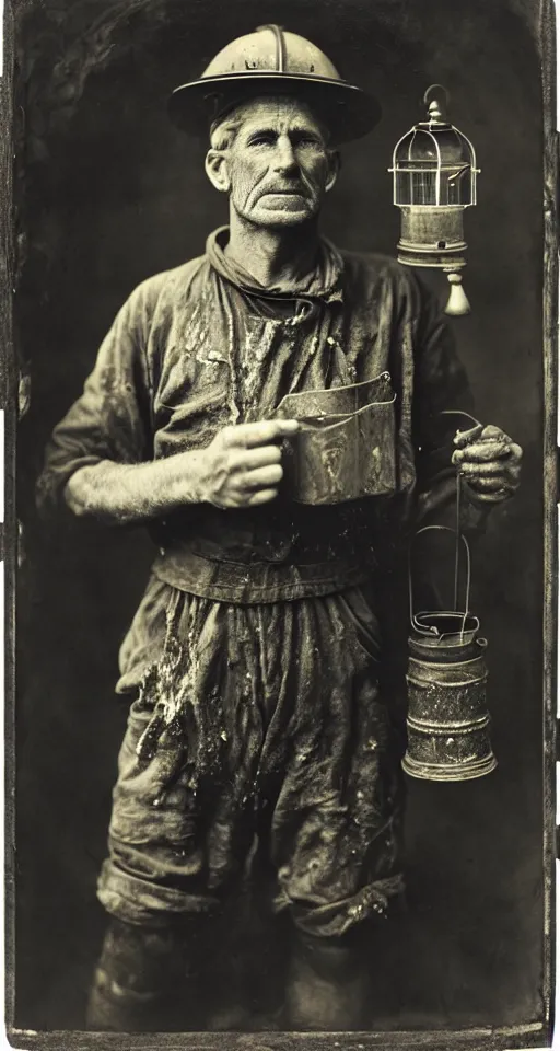 Image similar to a highly detailed wet plate photograph, a portrait of a miner holding a a lantern