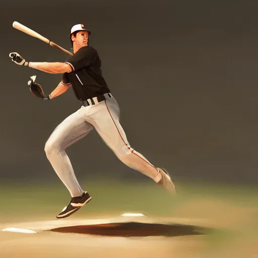 Image similar to baseball player hitting the ball with the baseball bat in the middle of the game and in front of everyone in the stadium, james gurney painting style, greg rutkowski, artstation, octane render, unreal engine 5