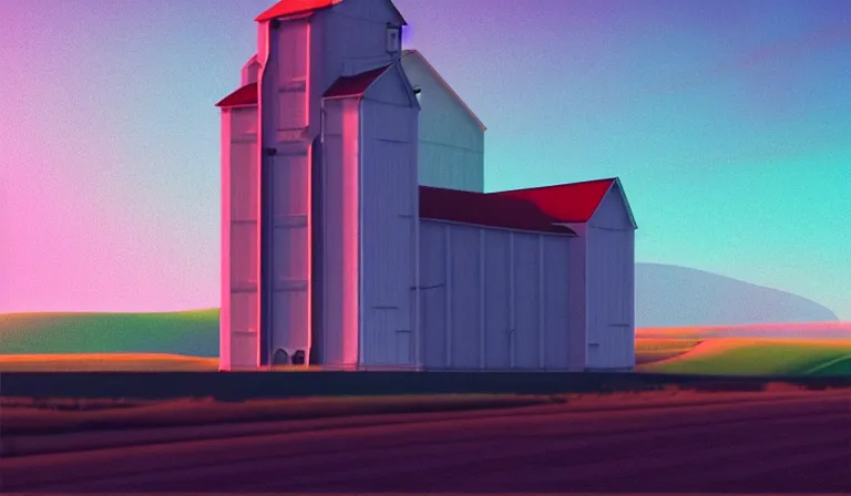 Prompt: a beautiful, sharp focus, and immaculate overcast grain elevator on the palouse. vaporwave ombre rendering. outrun style. trending on artstation. recommended for you behance. by chris moore. by edward hopper. beeple colors. ambient occlusion. digital matte painting. metropolis filmic. gotham city.