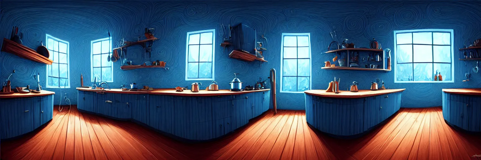 Image similar to fisheye spiral lines, naive, extra narrow, detailed illustration of a kitchen, large floor, dimly lit by rhads from lorax movie, trending artstation, wood texture dark blue tones