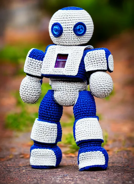 Image similar to a crochet mecha, realistic, no cropping, full body, Sigma 50 mm f/1.4