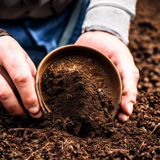 Image similar to a man mixing soil from the farm ground into a coffee mug, close up photo