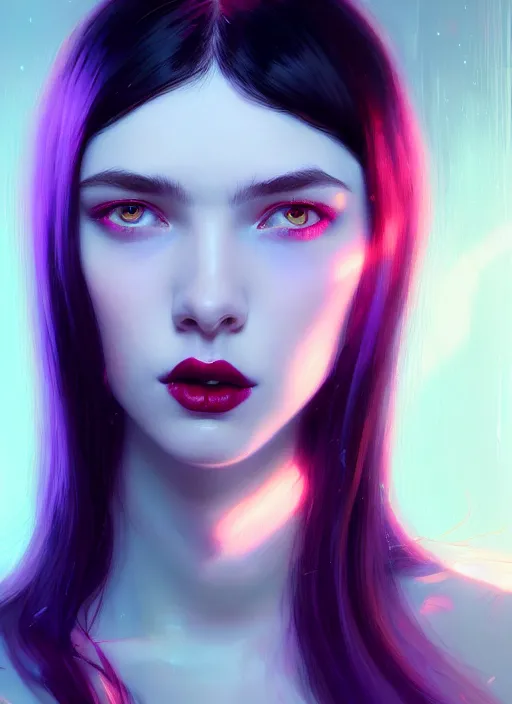 Image similar to portrait of pale teenage girl, red irises, black hair, white bangs, purple lipstick, intricate, elegant, glowing lights, highly detailed, digital painting, artstation, concept art, smooth, sharp focus, illustration, art by wlop, mars ravelo and greg rutkowski