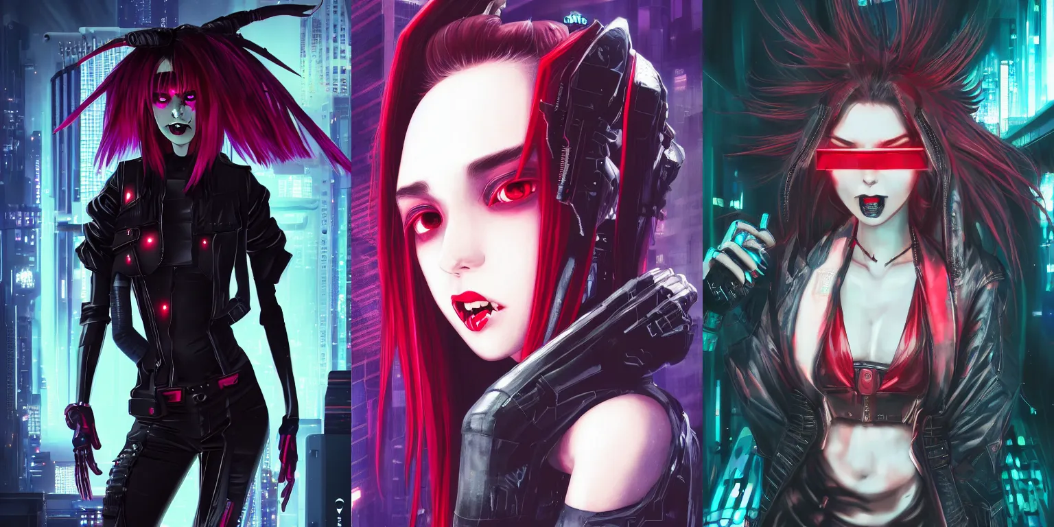Prompt: awesome futuristic cyberpunk portrait of a vampire-girl with red eyes and big fangs, high detailed, artstation, inspire, neon, very beautiful, vaporwave, ultra quality, character design art, scarry but bewitching By Akari Toriyama