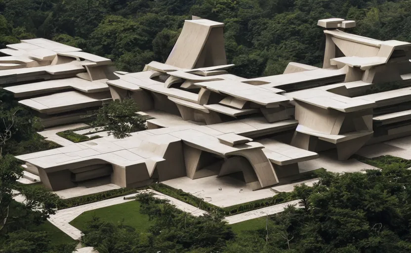 Image similar to an architectural masterpiece by frank Lloyd wright and Zaha hadid