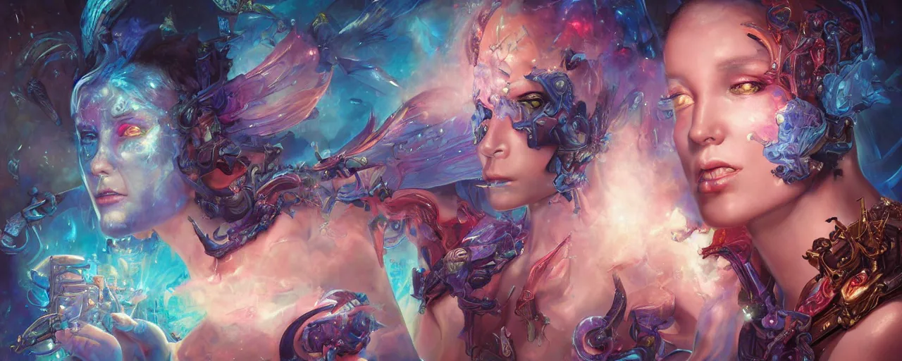 Image similar to beautiful gemini good and evil fantasy female character portrait, highly saturated colors, ultra realistic, wide angle, intricate details, the fifth element artifacts, holographic undertones, highly detailed by peter mohrbacher, hajime sorayama, wayne barlowe, boris vallejo, aaron horkey, gaston bussiere, craig mullins