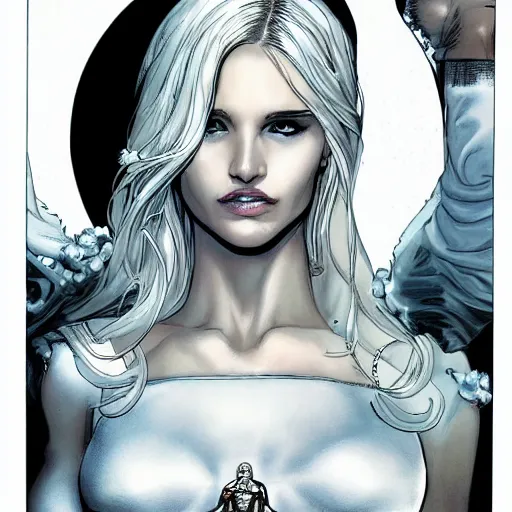 Prompt: Portrait of Abbey Lee as Emma Frost, white leather clothes, intricate, elegant, highly detailed, smooth, sharp focus, detailed face, high contrast, graphic novel, art by Ardian Syaf and Pepe Larraz,