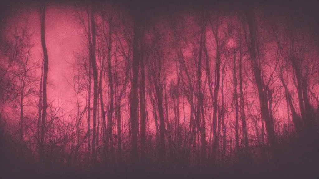 Prompt: psychedelic polaroid of a night sky. A glimpse through a small gap in the foliage and overgrowth and the trees of the huge gibbous moon in a dark sky, wreathed in red mist, starlight, night-time, crimson and black sky, dark enclosed, cozy, quiet forest night scene, spangle