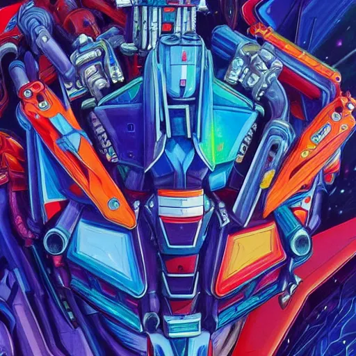 Prompt: An extremely Gundam psychedelic experience, colorful, surreal, mecha, scifi, LSD, face, jet turbine, tarot, detailed, intricate, elegant, highly detailed, super detailed, insane detailed, digital painting, concept art, smooth, sharp focus, illustration, art by josan gonzales, Krenz Cushar, Marco Plouffe, dan mumford, Artem Demura and alphonse mucha