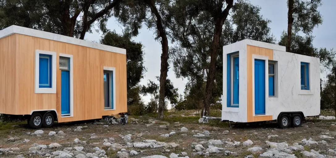 Image similar to greek tiny house on trailer made of marble designed by iktinos and callicrates.