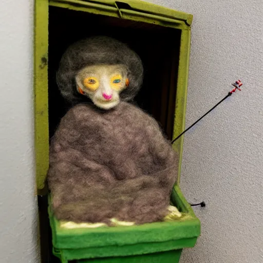 Image similar to photo of a life sized needle - felted 2 0 0 year old wrinkly crone covered in warts sitting behind a needle felted dumpster in a needle felted alley way with low soft light