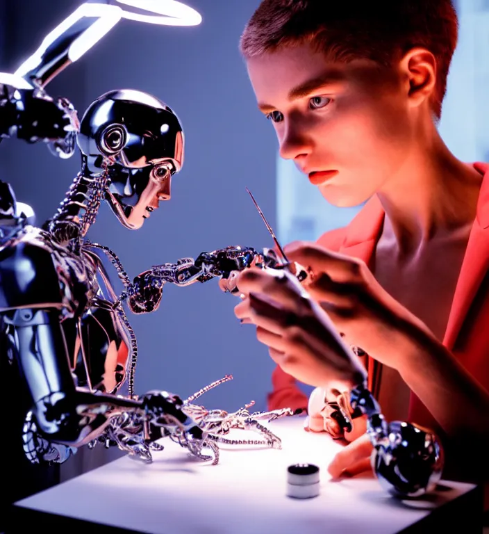 Image similar to professional 8k soviiiet portrait photograph of a young androgyne-cyborg sculpting a small chrome robot sculpture in a futuristic bright studio, by Raphael Santi, still from a 1999 movie by Gaspar Noé and James Cameron.