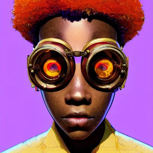 Image similar to colourful vfx portrait - art of a nigerian boy wearing steam punk goggles, art by utagawa kunisada & james jean, volumetric light, symmetrical, ray tracing, unreal engine, octane 3 d render, sharp, detailed, digital render, illustration, highly detailed, intricate detail, pinterest, behance, art station,