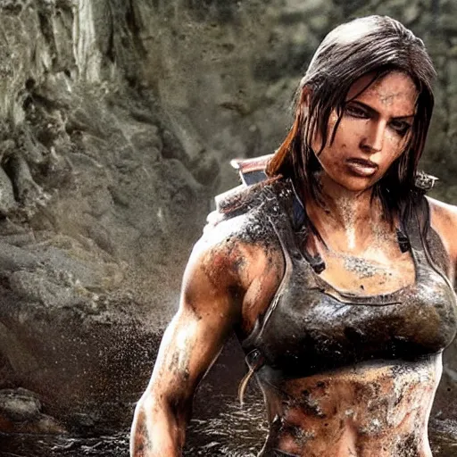 Image similar to film scene muscular lara croft emerges from the river water, her face is covered with mud, part of the body is still in the river