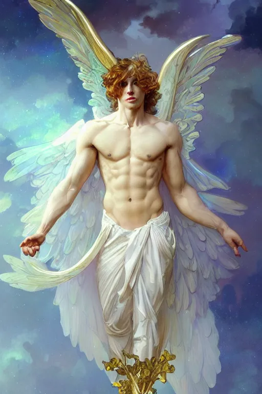 Prompt: portrait of a beautiful young fit male angel with curly blond hairs, dressed with fluent clothes, majestic wings, luminous halo, by greg rutkowski and alphonse mucha, d & d character, gradient white to gold, in front of an iridescent background, highly detailed portrait, digital painting, artstation, concept art, smooth, sharp focus ilustration, artstation hq