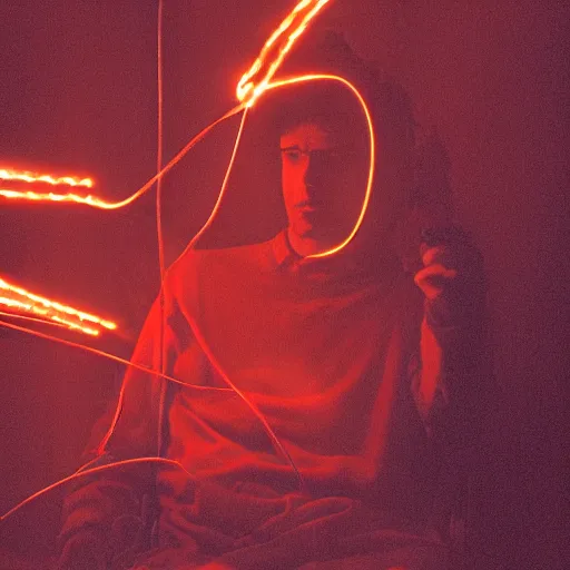 Prompt: a man of wire and smoke, in a red room, lit with one light, moody, atmospheric