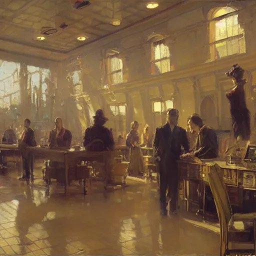 Image similar to detailed cinematic wide shot of sucession corporate office spring light, painting by gaston bussiere, craig mullins, j. c. leyendecker