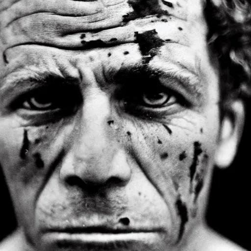 Image similar to close up photo portrait of a 19th century young ugly clean-face brutal male angry gangster with scars by Diane Arbus and Louis Daguerre