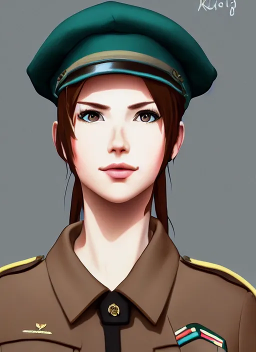 Prompt: portrait bust of young woman with light brown hair and hazel eyes dressed in a sharp dark teal military uniform with beret, saluting, smiling at camera, ilya kuvshinov, loish, anime, artstation trending, digital art