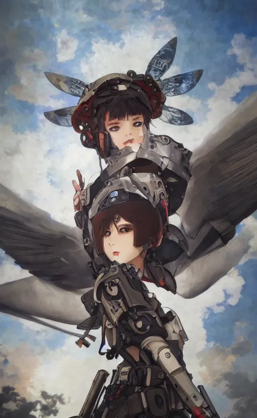 Image similar to mechanized valkyrie, anime style, world war 2, vintage clothing, spread wings, short hair, hair down, symmetrical facial features, from arknights, hyper realistic, 4 k, rule of thirds, extreme detail, detailed drawing, safebooru, hd, d & d, realistic lighting, by alphonse mucha, greg rutkowski, backlit