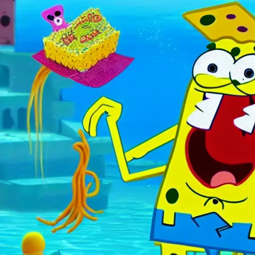 Image similar to spongebob squarepants swimming in a pool full of spaghetti, realistic, scary