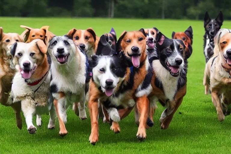 Image similar to a field full of dogs that are running in one direction