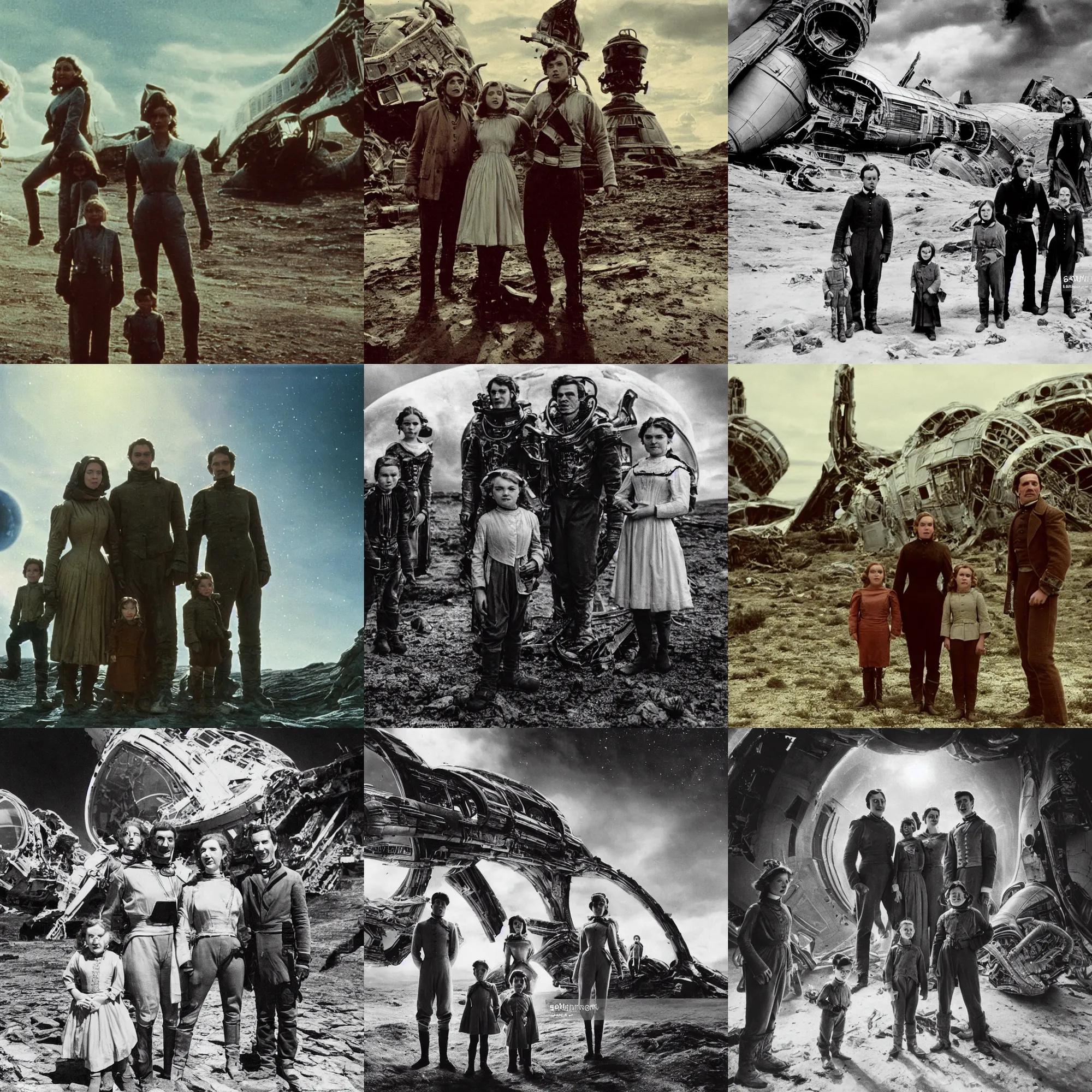 Image similar to extremely sharply detailed, 7 0 mm film from blockbuster 9 6 k sci fi color movie freeze frame, set 1 8 6 0, family standing in front of crashed spaceship, on alien planet, looking happy, wearing 1 8 5 0 s era clothes, atmospheric lighting, in focus, reflective eyes, 9 9 9 mm lens, live action, nice composition and photography, clear faces