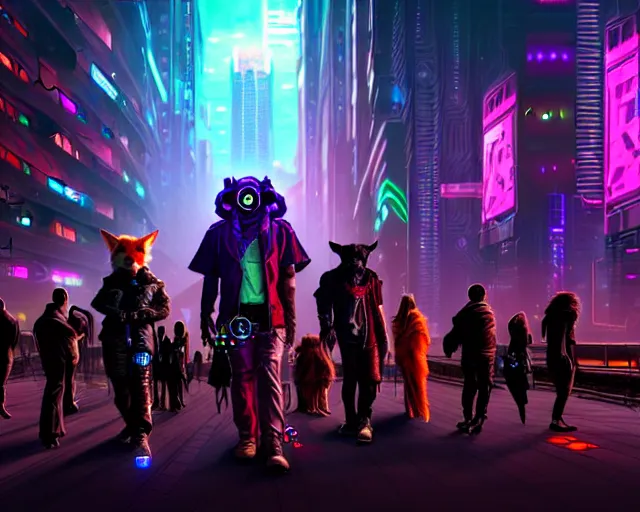 Image similar to high - resolution photograph from a cyberpunk era furry fandom convention ( midwest furfest 2 0 4 7 ), taking place after the genetic revolution and quantum singularity. photorealistic.