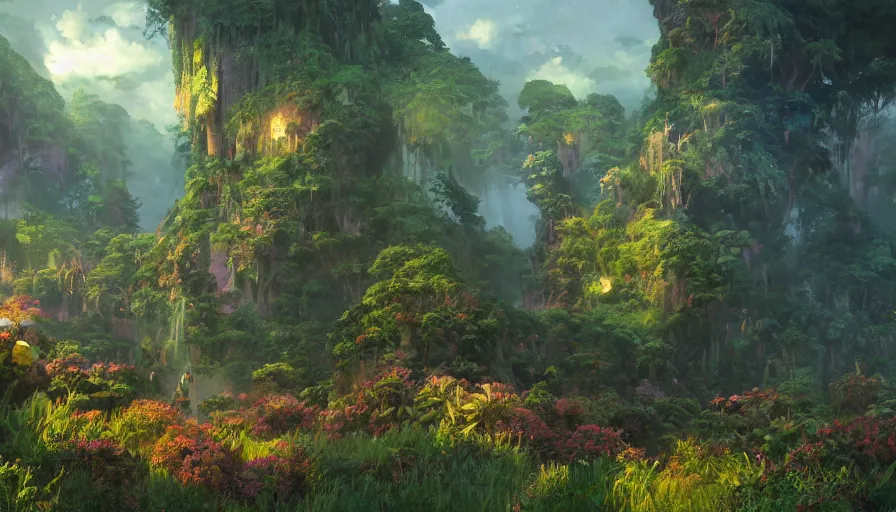 Image similar to craig mullins and ghibli digital illustration of the beastlands at dusk, avatar ( 2 0 0 9 ), lush landscape, jungle landscape, colorful, flowers unreal engine, hyper realism, realistic shading, cinematic composition, realistic render, octane render, detailed textures, photorealistic, wide shot