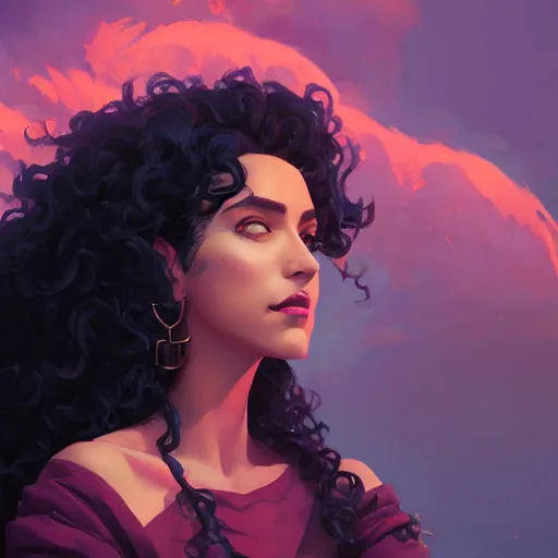 Image similar to portrait of a beautiful woman with black curly hair, maya ali mage, gloomhaven, dynamic lighting, gaudy colors, octane render aesthetic, matte painting concept art, official fanart behance hd artstation by jesper ejsing, by rhads and makoto shinkai and lois van baarle and ilya kuvshinov and rossdraws