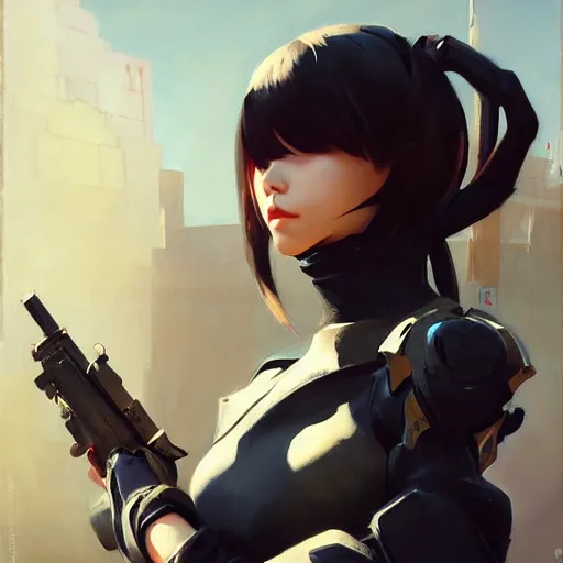 Image similar to greg manchess portrait painting of yorha no. 2 type b as overwatch character, medium shot, asymmetrical, profile picture, organic painting, sunny day, matte painting, bold shapes, hard edges, street art, trending on artstation, by huang guangjian and gil elvgren and sachin teng