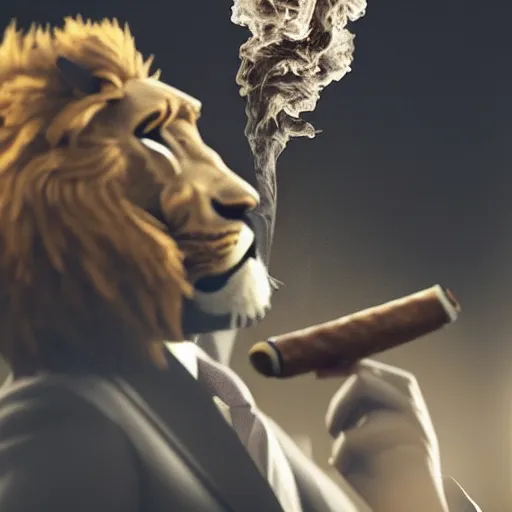 Image similar to a lion smoking a cigar wearing a suit, subject= lion, subject detail: wearing a suit, subject action: smoking a cigar, dramatic lighting, cinematic lighting, establishing shot, photorealistic, high details, cinematic, 8k resolution, extremly detailed, photorealistic, artstation, unreal engine